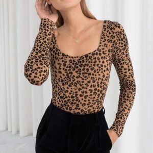 & Other Stories Leopard Print Longsleeve Bodysuit Womens 2 Stretch Square Neck